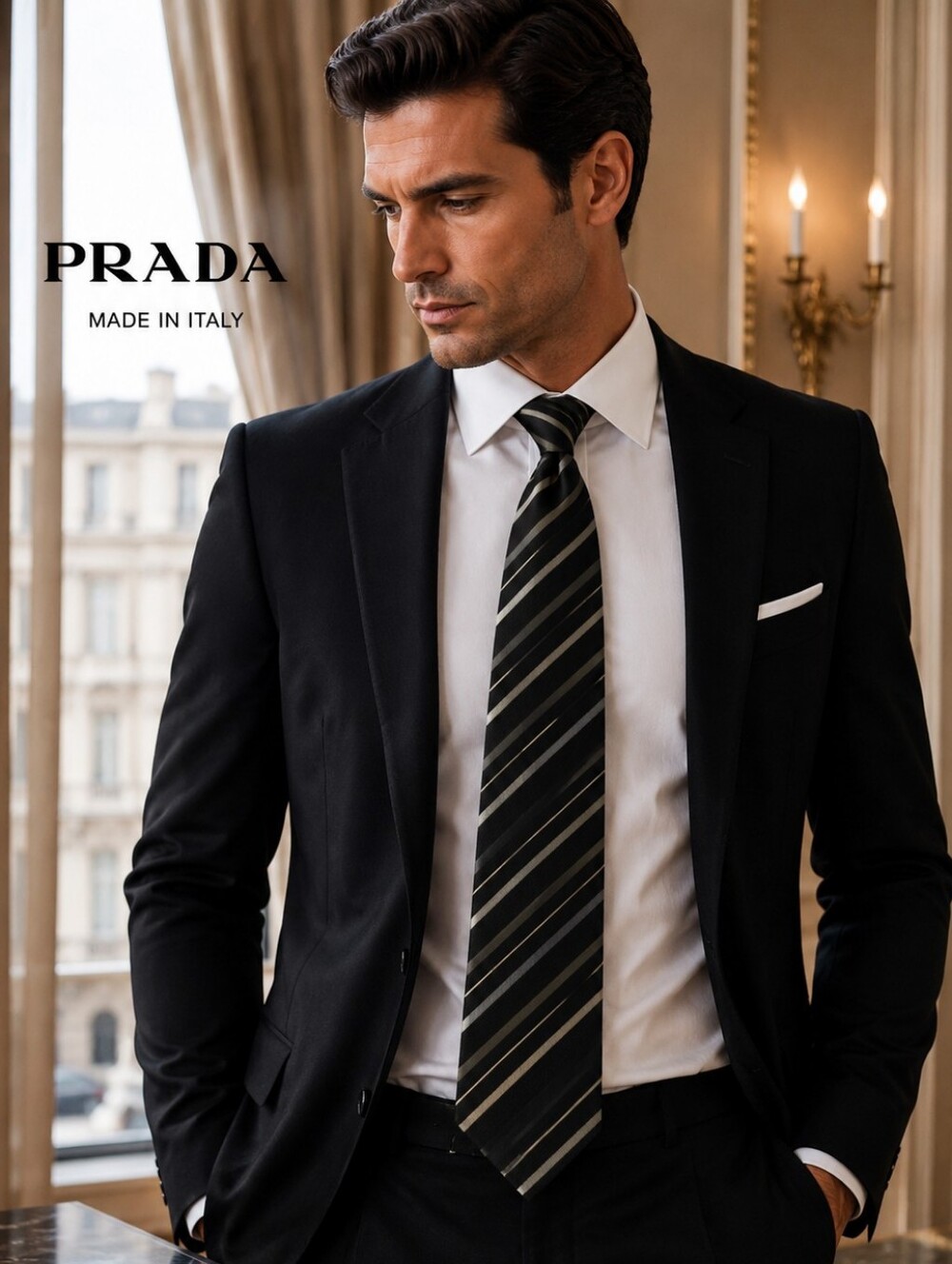 PRADA 100% Silk Black Striped Men’s Tie – Made in Italy